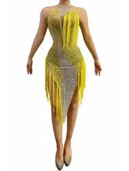 HalterFashion Yellow Pink Silver Host Rhinestones Fringes Latin Dress Women Birthday Celebrate  Dress Stage Costume Dance Outfit