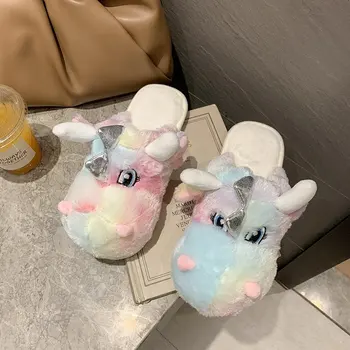 

Slippers Woman Winter Fur Plush Fuzzy indoor Unicorn Cartoon Cow Slip On house Durable Outsole Flat Velvet Ladies Slippers