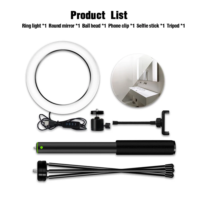 High Quality LED Ring Light 26cm With Double Side Mirror Photography Lights for Video Makeup Ring Lamp With Tripod Selfie Stick