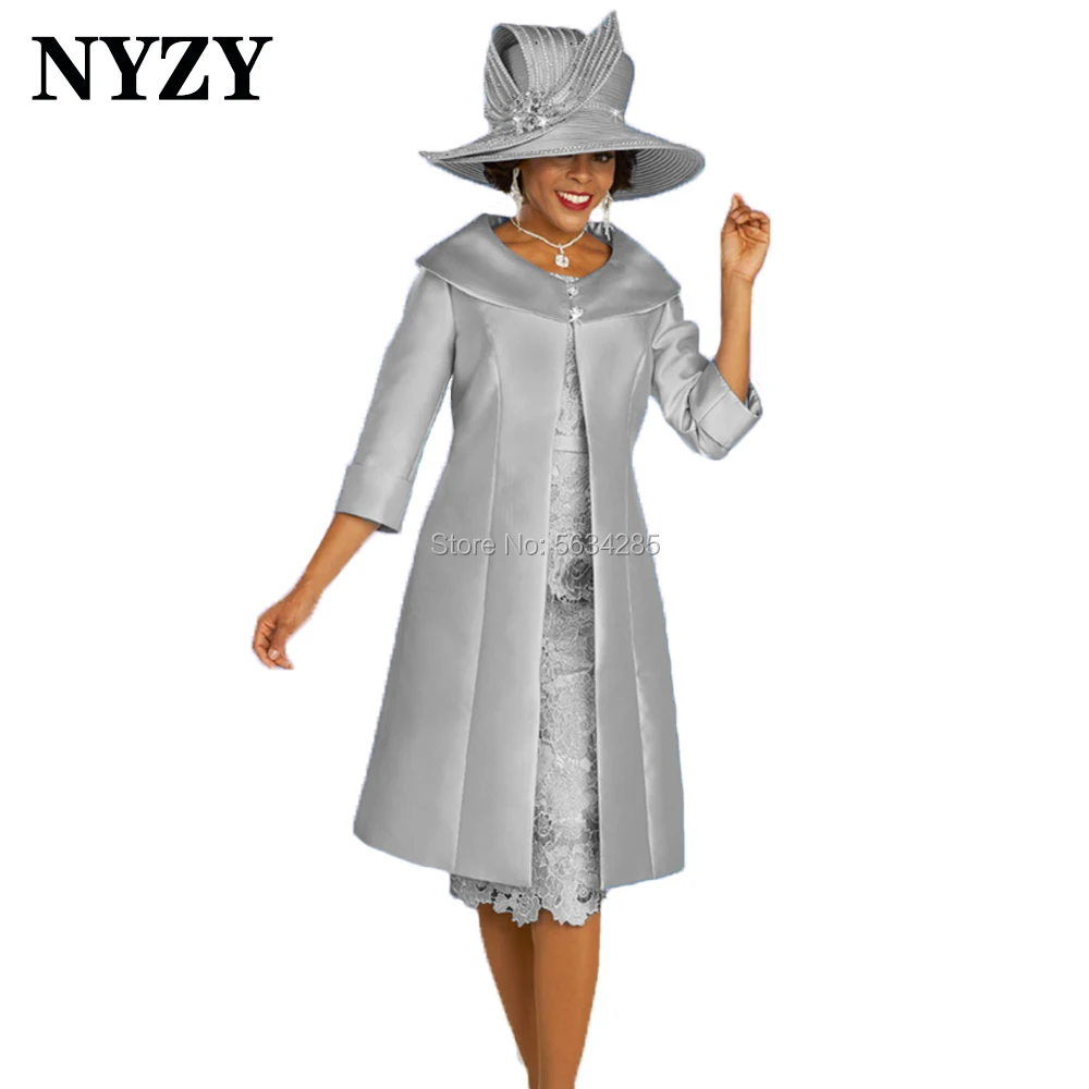 

Elegant 2 Piece Silver Grey Mother of the Bride Dresses 2020 NYZY M336B Wedding Party Dress Cocktail Jacket Coat Church Suits