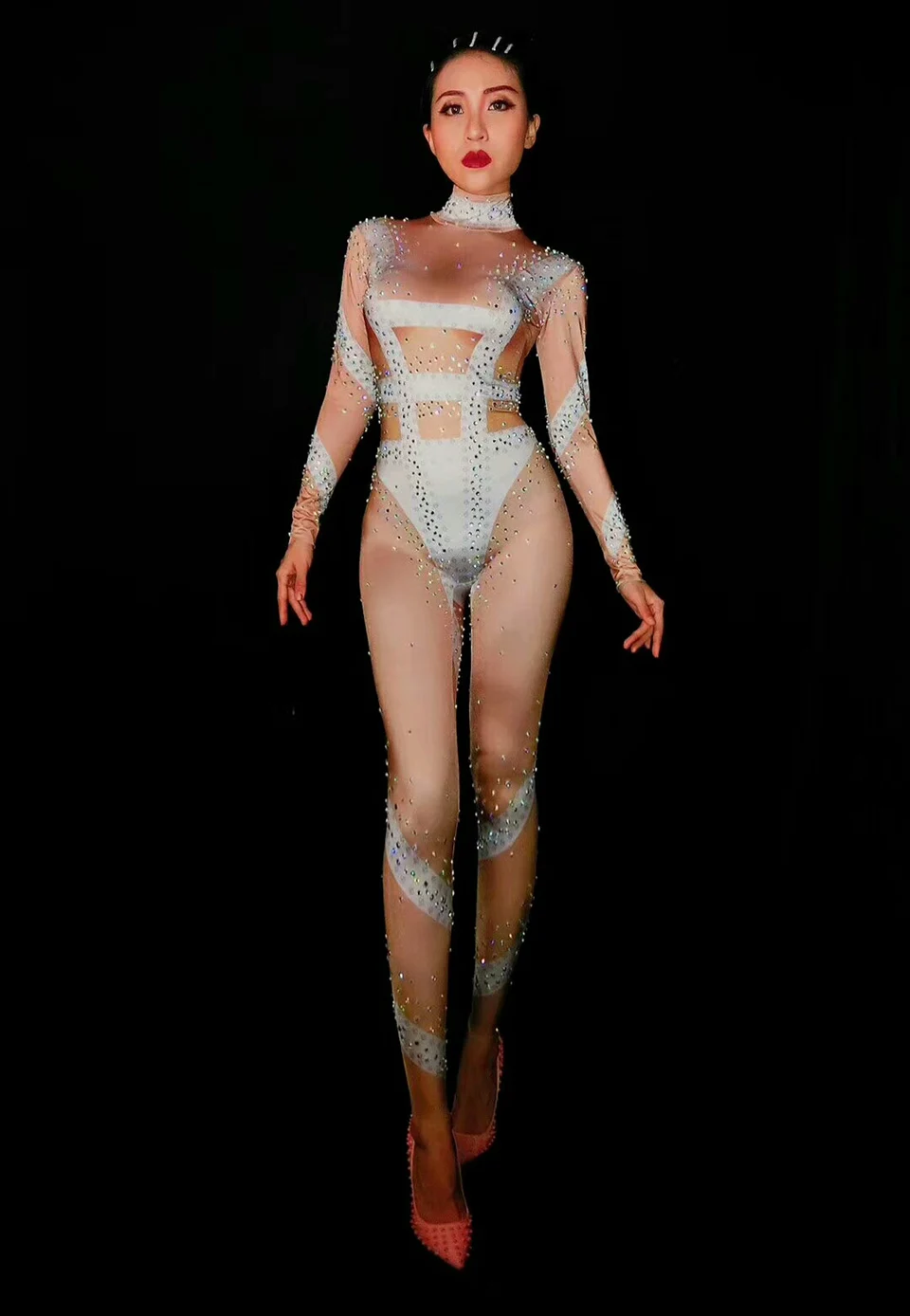 Модные комбинезоны, стразы, комбинезон для женщин, длинный рукав, стрейч, сексуальное боди с имитацией обнаженного тела, сценические, вечерние, цельные наряды