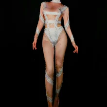Модные комбинезоны, стразы, комбинезон для женщин, длинный рукав, стрейч, сексуальное боди с имитацией обнаженного тела, сценические, вечерние, цельные наряды