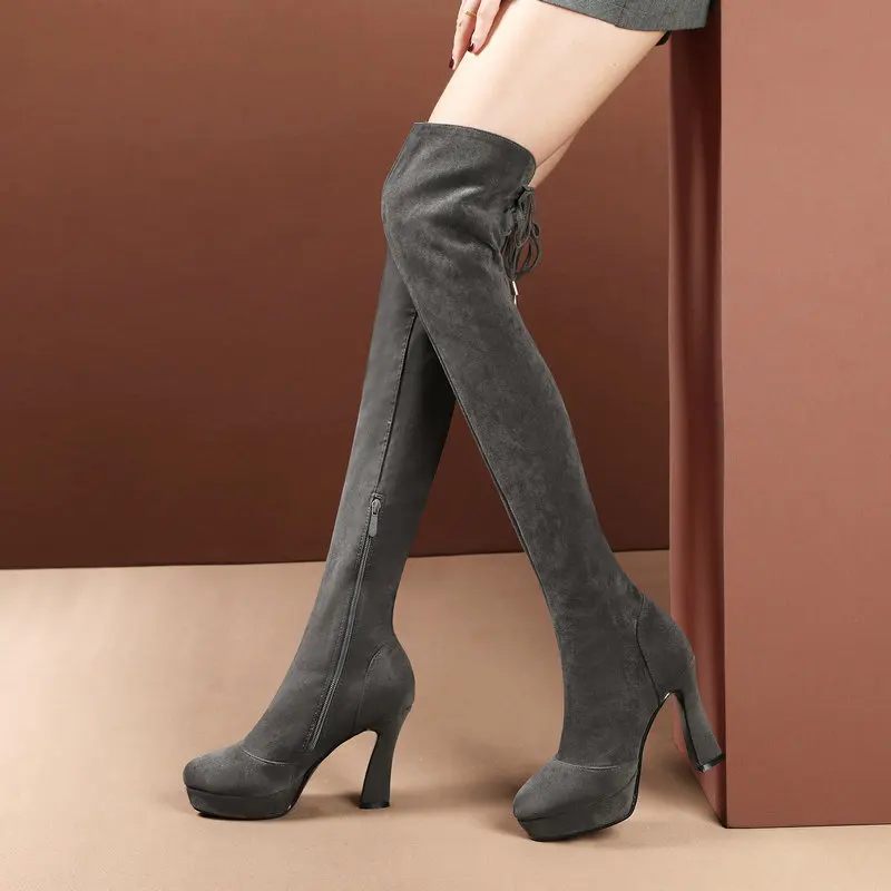 

Faux Suede Over the Knee Boots Autumn Women Boots Sqaure High Heel Long Boots Fur Plush Winter Zipper Female Boots 2019 Black