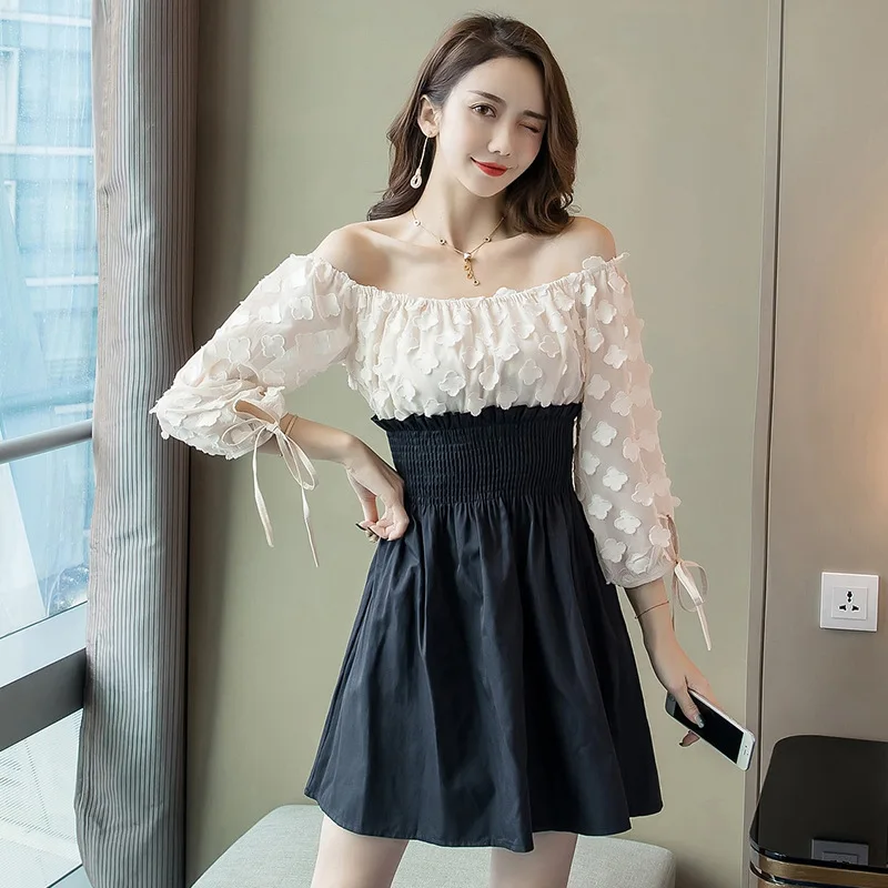 

2018 Autumn And Winter New Style Cut Flower Joint Mock Two-Piece Dress off-the-Shoulder