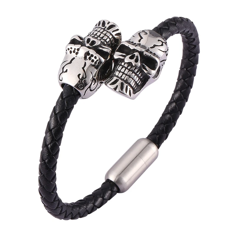 

New Items Double Skull Head Bracelet Men Black Braided Leather Bangle Bracelet Male S.Steel Magnetic Clasp Punk Jewelry SP0468