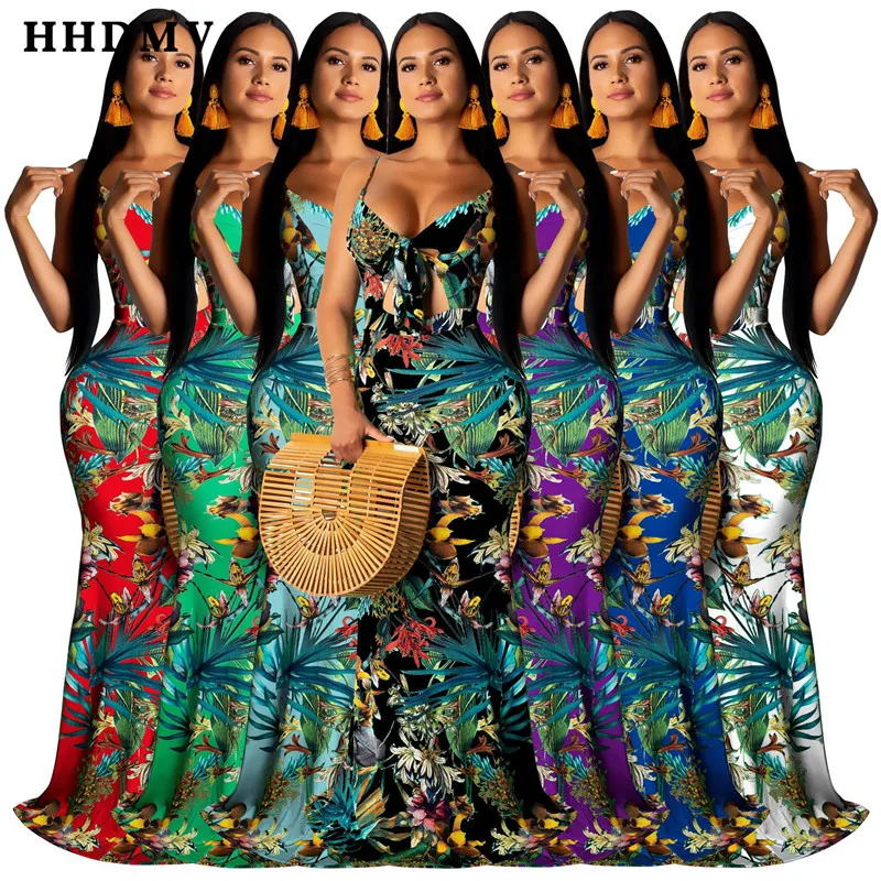 

HHDMV SMR9336 hot sale sexy holiday pastoral style dresses sleeveless condole belt printed hollow out floor-length long dresses