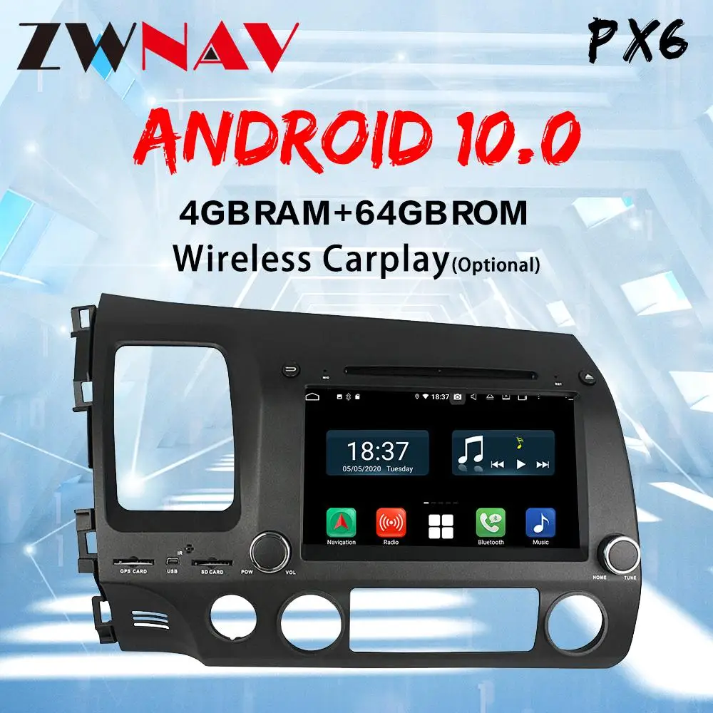 

Автомагнитола PX6, 4 + 64 ГБ, Android 10,0, DSP, мультимедийный видеоплеер для Honda Civic 8 2005-2011, GPS-навигация, 2din, 2 din, dvd