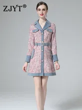 

Runway Fashion Denim Patchwork Woolen Tweed Dresses for Women Autumn Winter Clothes Single Breasted Belted Vintage Robe Femme