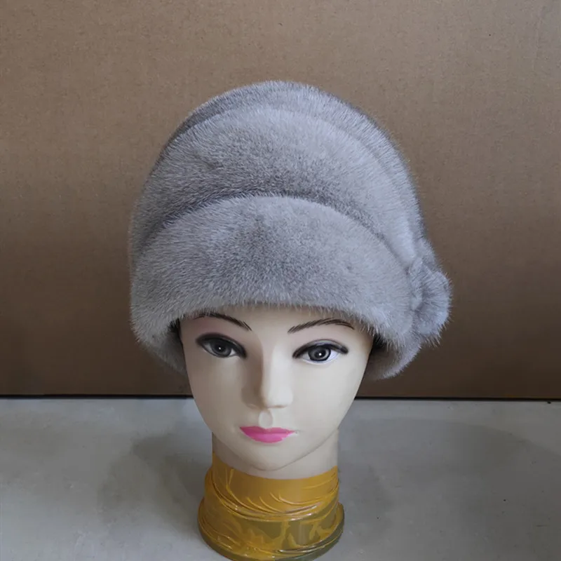 Настоящий натуральный piel de visón piel sombrero de invierno mujeres gorra elegante nuevo центеллы азиатской moda femenina oreja caliente - Цвет: Серый