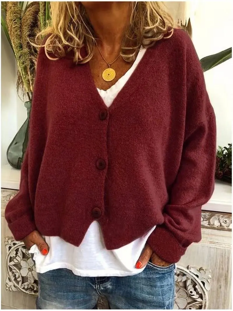 Хит, женский свитер для отдыха, Свободный вязаный кардиган, чистый цвет, свитер, Рождественский женский свитер, подарок - Цвет: Wine Red