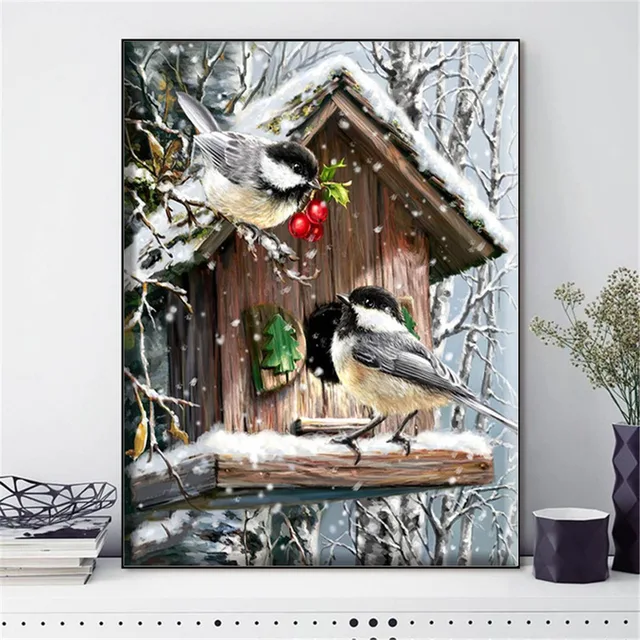 HUACAN Cross Stitch Bird Animal Needlework Sets For Full Embroidery Winter Scenery Kits White Canvas 14CT DIY Home Decor 40x50cm 1