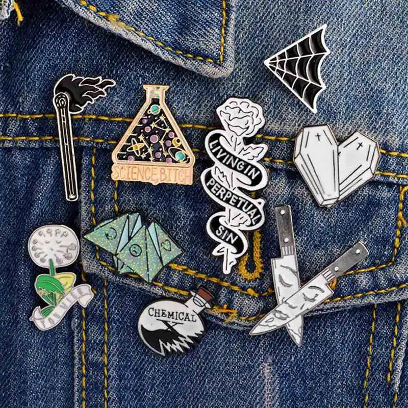 Dagger face Origami game Cobweb science Beaker rose coffin heart matches Enamel Pins Badge Denim coat Jewelry Gifts Brooches