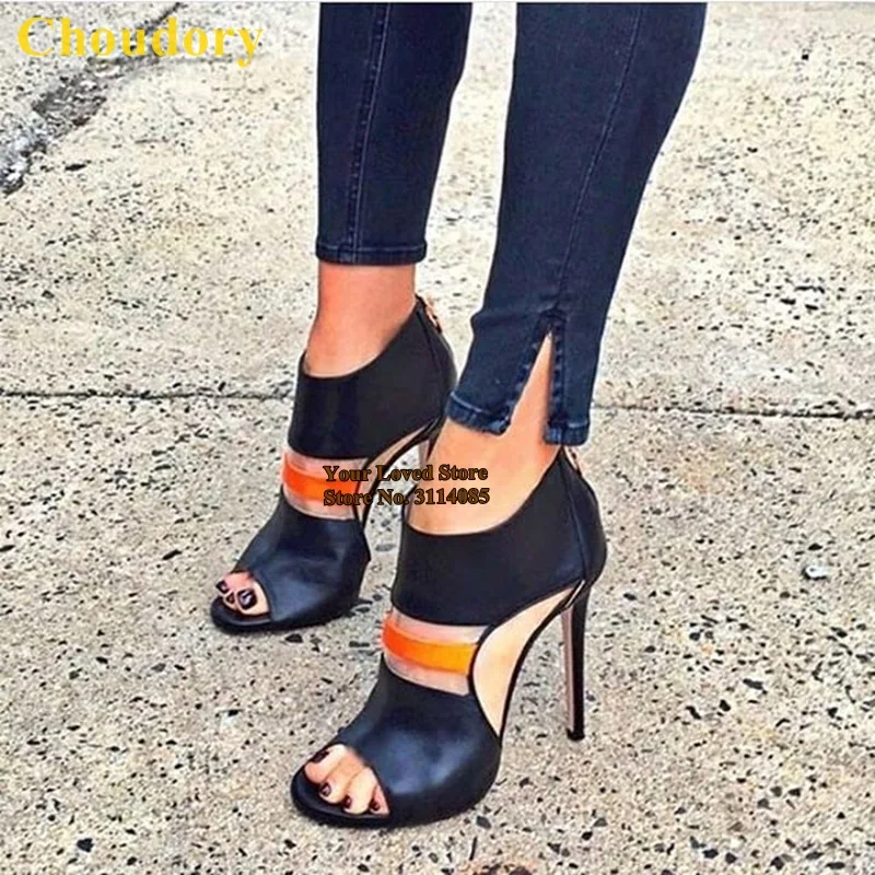 Choudory Black Orange Mixed Color Cut-out Sandals Thin High Heel Opent Toe Dress Shoes Dropship Gladiator Party Shoes Size 47