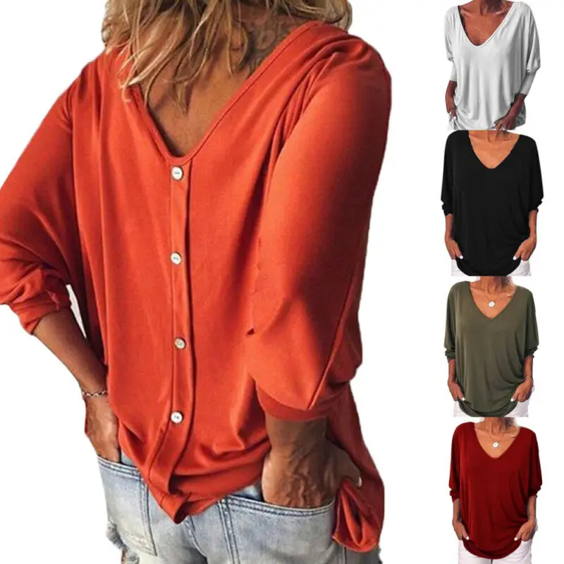 

Goocheer Womens Loose 3/4 Sleeve Back Buttons T Shirts Plus Size V Neck Solid Top Blouse Plus Size M-3XL