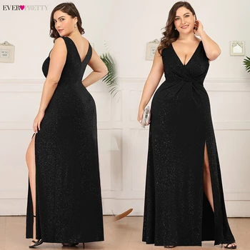 

Plus Size Glitter Prom Dresses Ever Pretty EP07505 Double V-Neck Side Split Ruched Sleeveless Sexy Party Gowns Bestidos De Gala