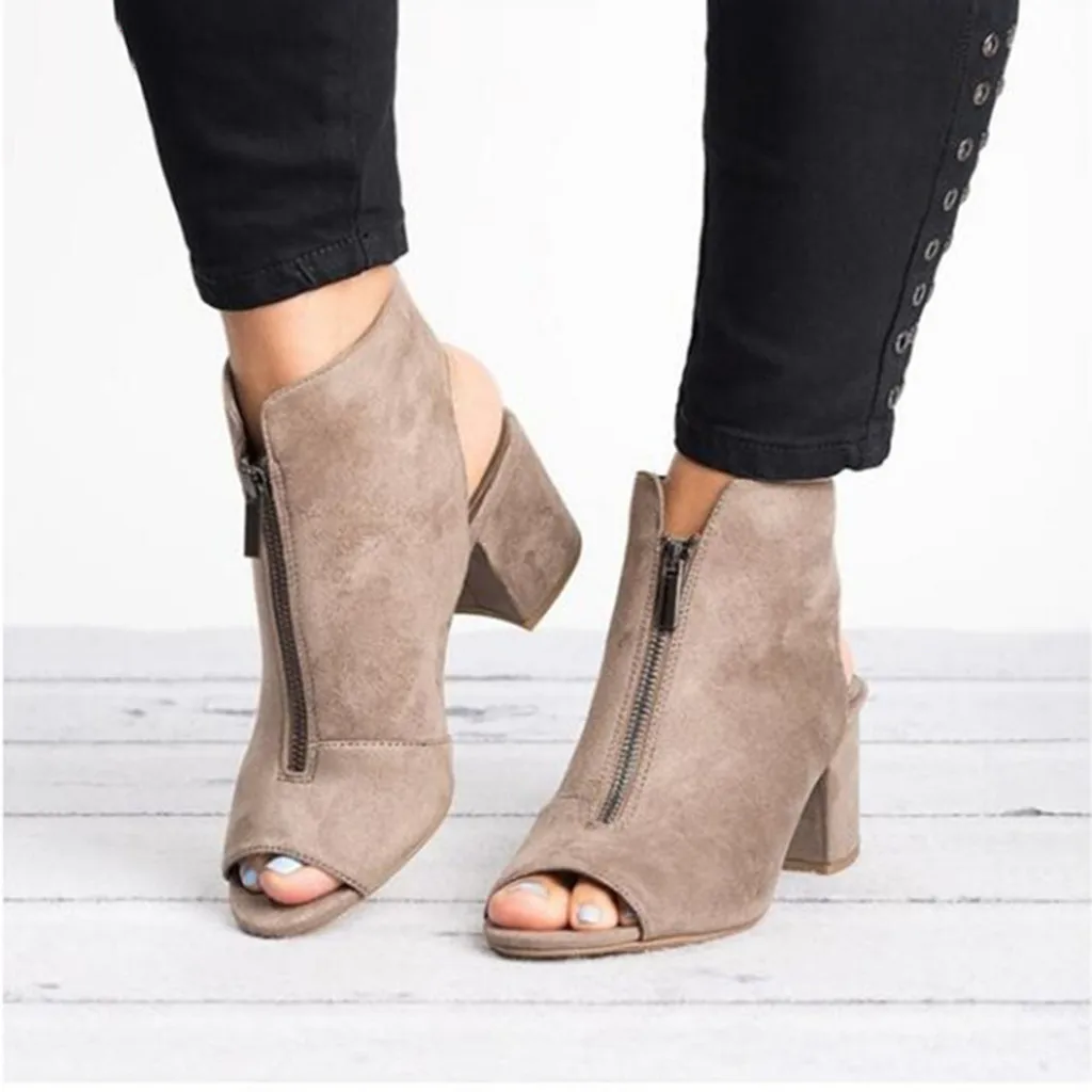 

Sandals Women Fashion Flock Thick High Heel Zip Solid Sandals Peep Toe Casual Shoes Fish Mouth Sandals Sandalias De Mujer 2020