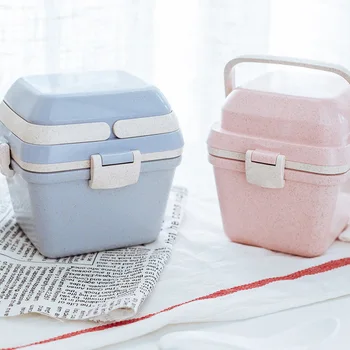 

Wheat Food Container Straw Mini- Hut Lunch-box Japanese Square Lunch Box Children Cartoon Bring Handle Mesh Division Bento Box