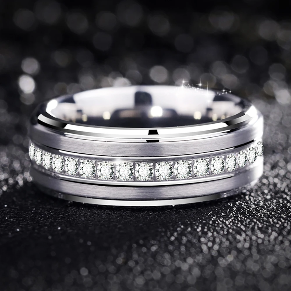 Newshe Mens Promise Wedding Band Tungsten Carbide Rings For Men Charm Ring 8mm Size 9-13 AAA White Round Zircon Jewelry TRX058