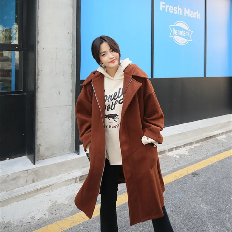 Южная Корея Dongdaemun осень и зима с капюшоном Дафлкот пальто женское выше колена с разрезом повседневное Свободное длинное пальто Тренч пальто La