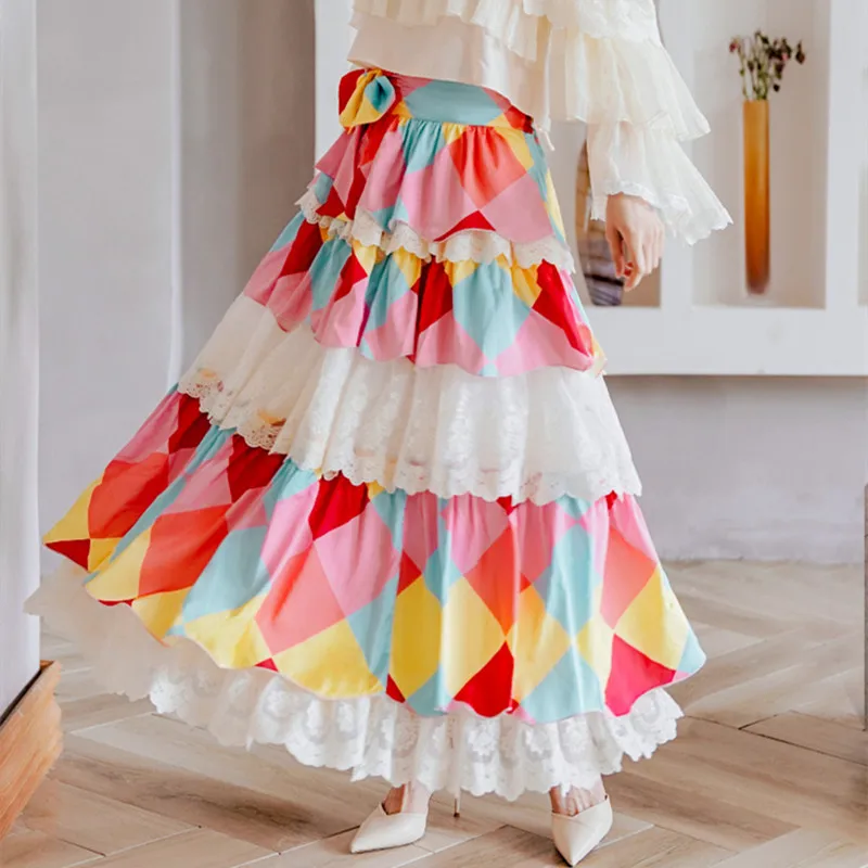 TIYIHAILEY Free Shipping Autumn Spring Long Maxi Elastic Waist Women National Chinese Style Plaid Patchwork Lace Ball Gown Skirt