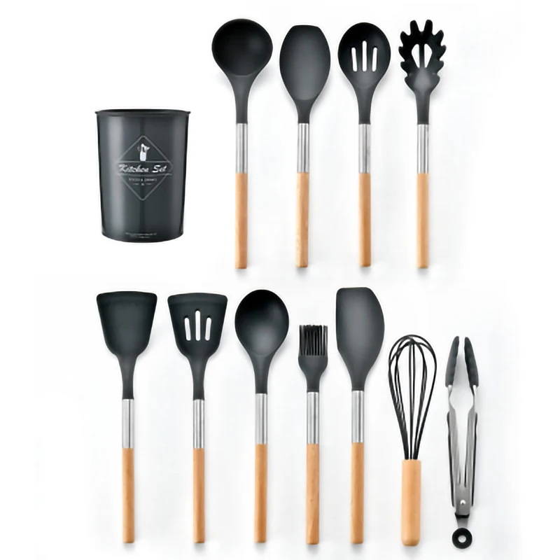 New 12PCS Silicone Kitchen Tools Cooking Sets Turner Soup Spoon Spatula Brush Non-Stick Shovel With Wooden Handle Cooking Tools