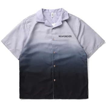 

Men Shirt Men Gradient Color Short-sleeved Shirt Loose Tops Casual Men's Shirt Men Lettered Print Shirt