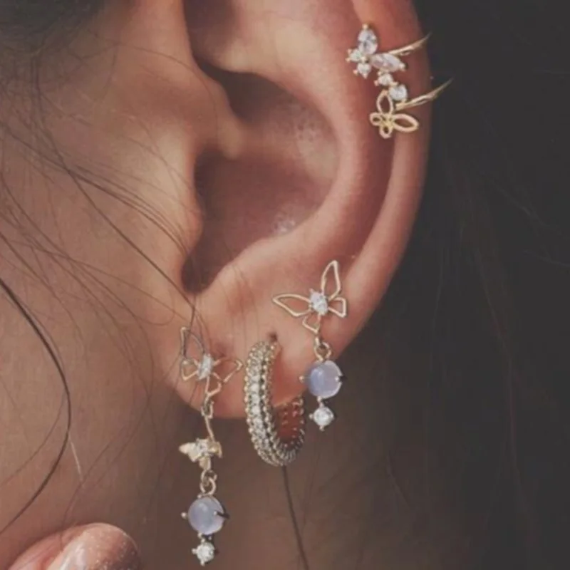 

5pcs/set 2020 European and American Jewelry Wholesale New Resin Butterfly Earrings Without Pierced Ear Clips Long Earrings