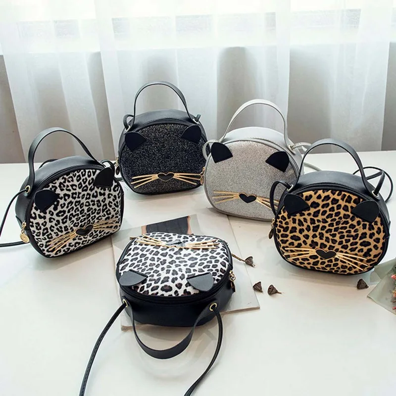 

1 PC Cat Small Round Bag Women Girls Leopard Crossbody Messenger Bag Fashion Top-handle Shoulder Bag Dropship New Arrival