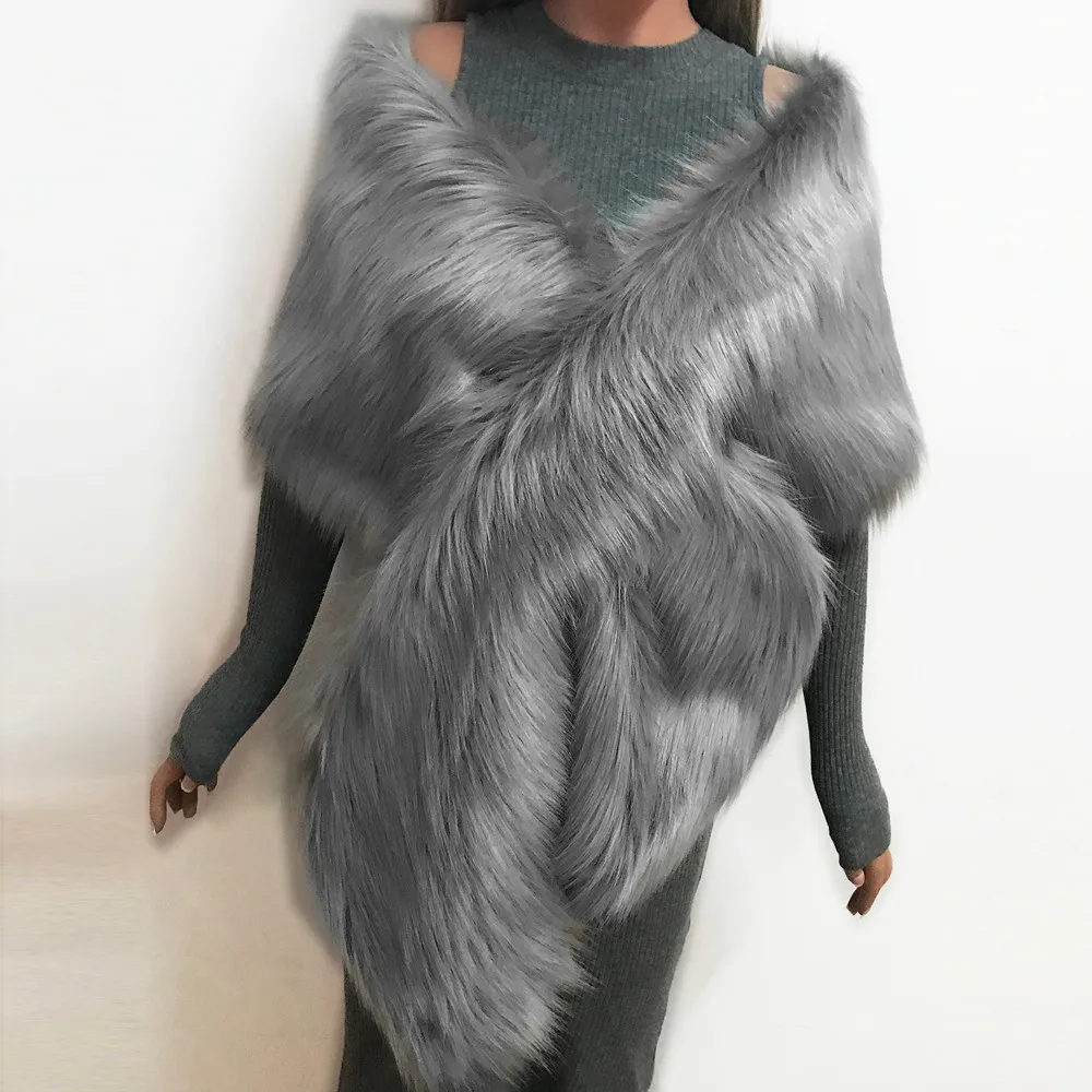 new autumn Winter Women Faux Fox Fur Long Shawl Stole Wrap Shrug Scarf Bridal Wedding Fashion Irregular Large Shawl 8#927 - Цвет: Темно-серый