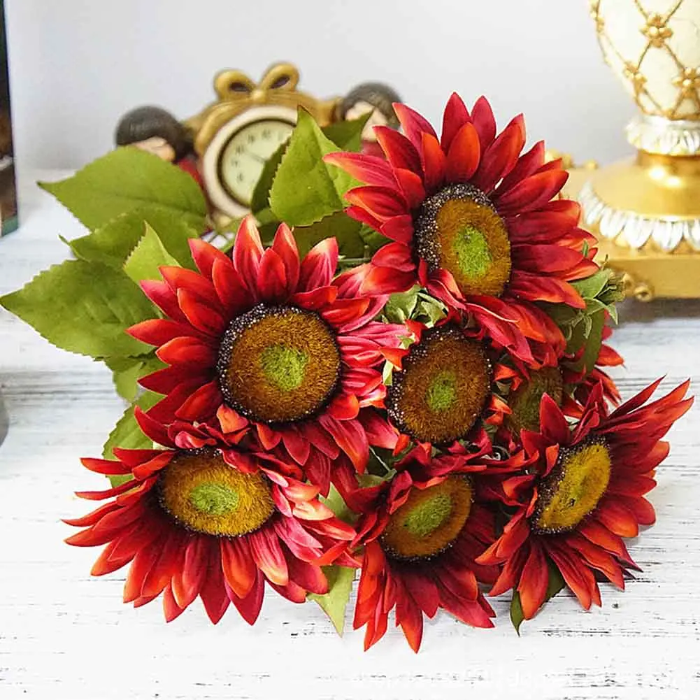 Autumn Red С листьями, букет для гостиной, настольные вечерние 13 голов, Осенний искусственный подсолнух, домашний декор, садовые искусственные цветы, свадебная ткань - Цвет: Autumn Red