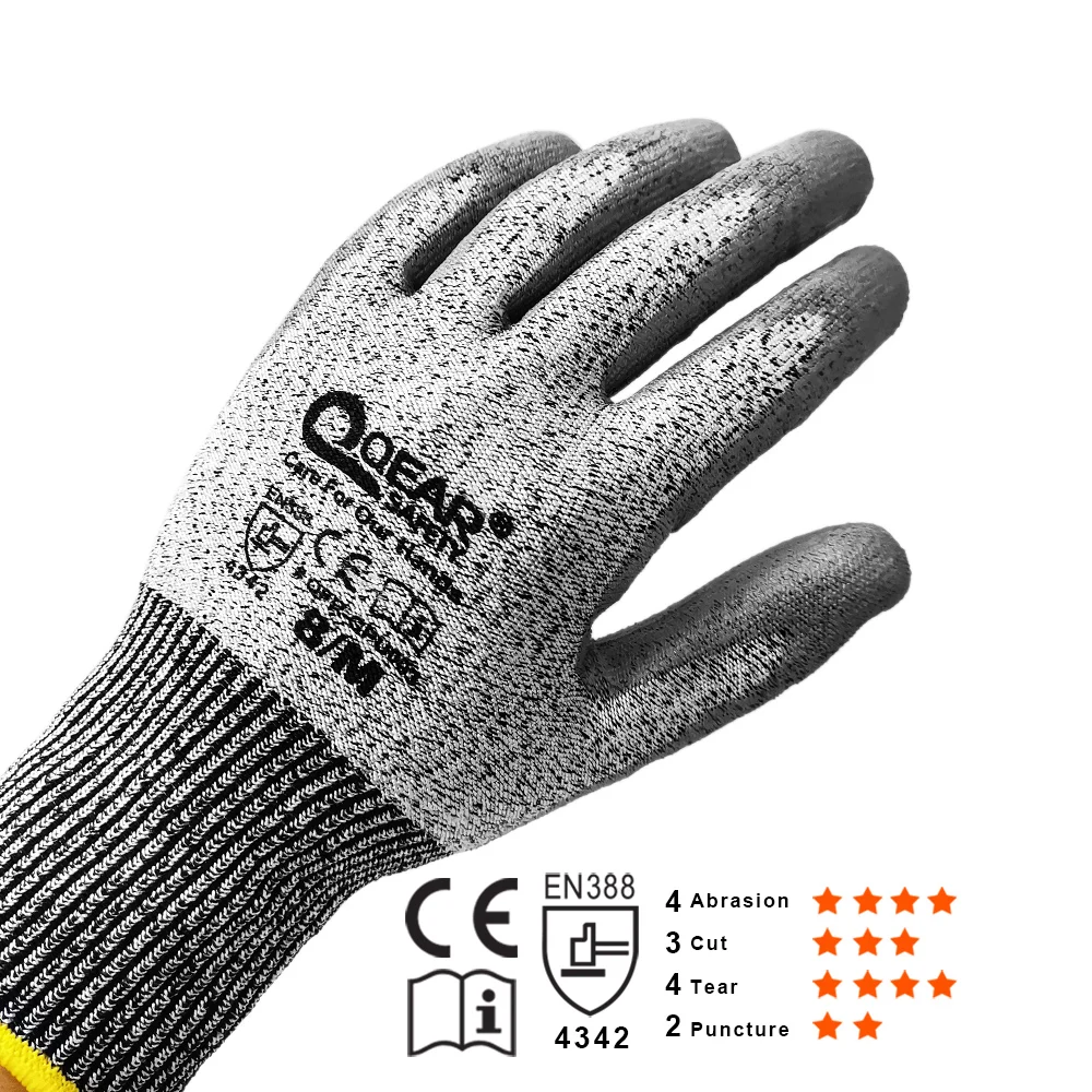Anti Cut Gloves 3 Pairs QearSafety Cut 3 HPPE Yarn Work Safety Gloves Thin PU Palm Coated Anti-slip Assembling Jobs