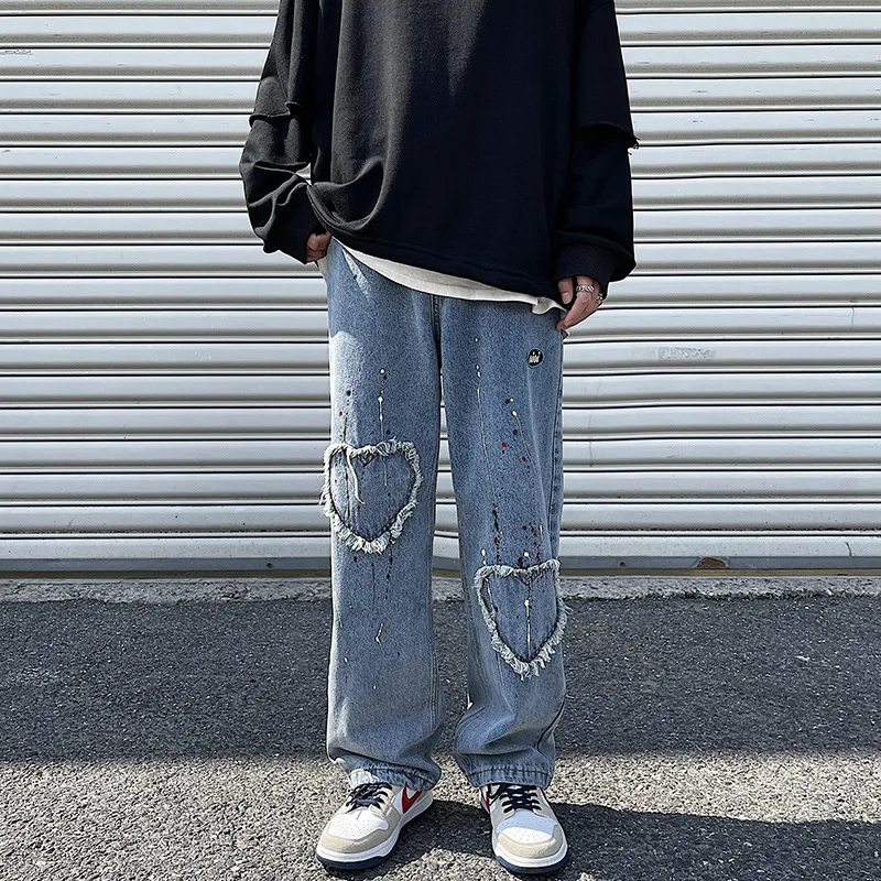 High Street Mens Jeans New Autumn Loose Patch Straight Pants Streetwear Hip Hop Wide Leg Trousers Male Korean Patchwork Clothes 2