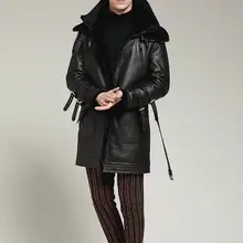 Новая мужская верхняя одежда из натуральной кожи, пальто для мужчин, зимнее толстое меховое одно кожаное пальто, черный двойной воротник, Длинная кожаная куртка из овчины