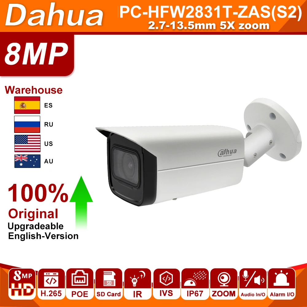Dahua IP Camera 8MP 4K Original IPC-HFW2831T-ZAS-S2 5X Zoom camera Starlight POE SD Card Slot Audio Alarm H.265+ 60M IR IVS IPC