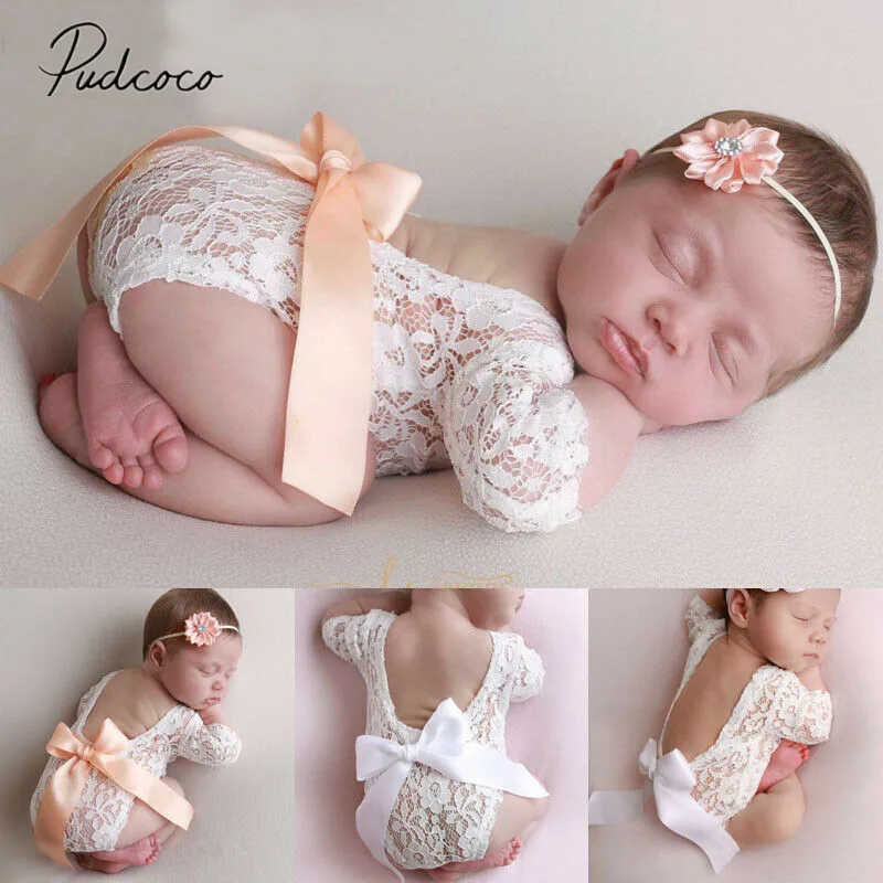 Babybody lace cotton white with headband baby photograhie newborn girl