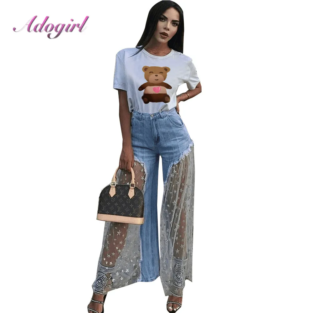 Повседневные прозрачные сетчатые Широкие джинсовые штаны женские сексуальные