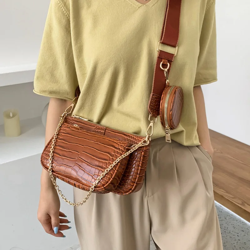 

Mini Crocodile Pattern Women Shoulder Bags 3Pcs/Sets Clutch Handbags Wide Strap Pu Leather Chain Small Crossbody Messenger Bags