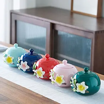 

Candy Color Tea Container Box 3D Flowers Design Kitchen Spices Jars High-grade Tea Coffee Pot Home Ceramic Sealed Tank Sugar Can