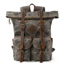 Cross Border Waterproof Backpack Wax Canvas Contrast Color Line Joint Outdoor Backpack Women's Men's Computer Bag Horse Leather