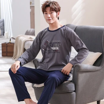 

Autumn Winteter Long-sleeved Men's Cotton Pajamas Letter Striped Cartoon Pajama Sets Casual Men Pyjamas Plus Size 2XL Pijama Set