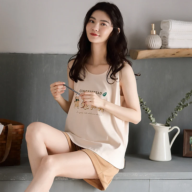 Brown Ginger Cartoon Pattern Sleeveless Pajamas Set Women Skin friendly  Soft Loungewear Summer Cozy Cotton Girl Shorts Sleepwear|Pajama Sets| -  AliExpress