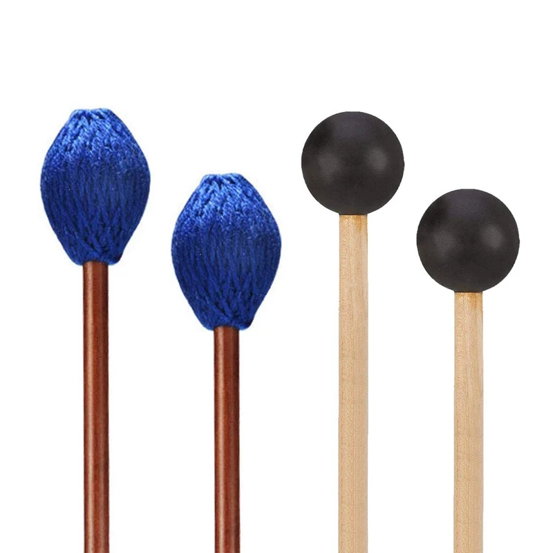 1 пара средней жесткой пряжи Marimba Mallets и 1 пара резиновых молотков с деревянной ручкой для ударных колокольчиков Glockenspiel