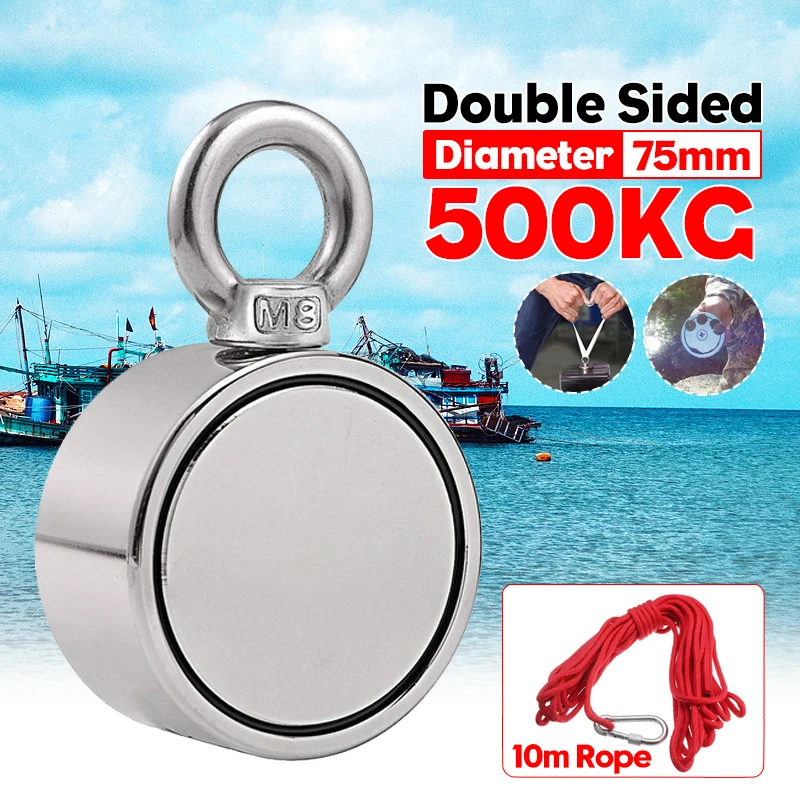 500kg Double Sided Round Recovery Salvage Neodymium Fishing Magnet Kit 10M Rope 