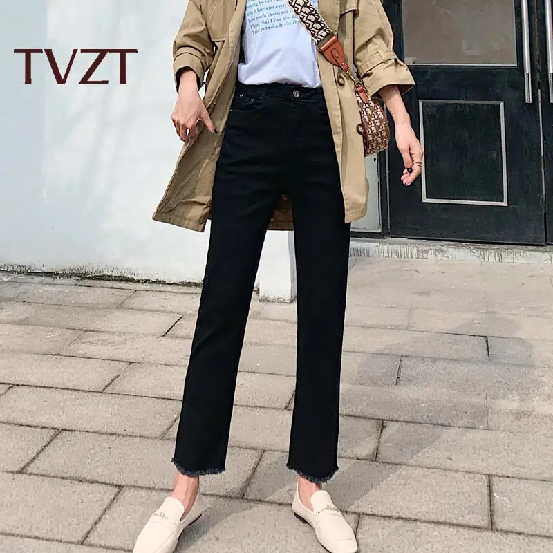 TVZT Новинка, женские джинсы, свободные, прямые, микро-трубы, высокая талия, тонкие, черные, девять точек, осень и зима, плотные