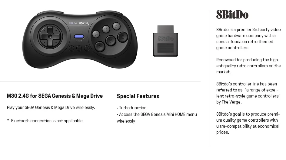 8BitDo M30 2.4G Wireless Gamepad for the Original Sega Genesis and Sega Mega Drive - Sega Genesis