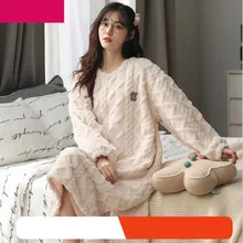 Night skirt women's flannel pajamas thickened plus velvet warm autumn and winter home service new dress nightgown sleepwear tops