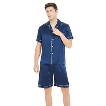 

100% Pure Silk Pajamas suit Men Summer Spring bottoms Short sleeve two-piece 100% silk Sleepwear suit noble men Pajamas Set