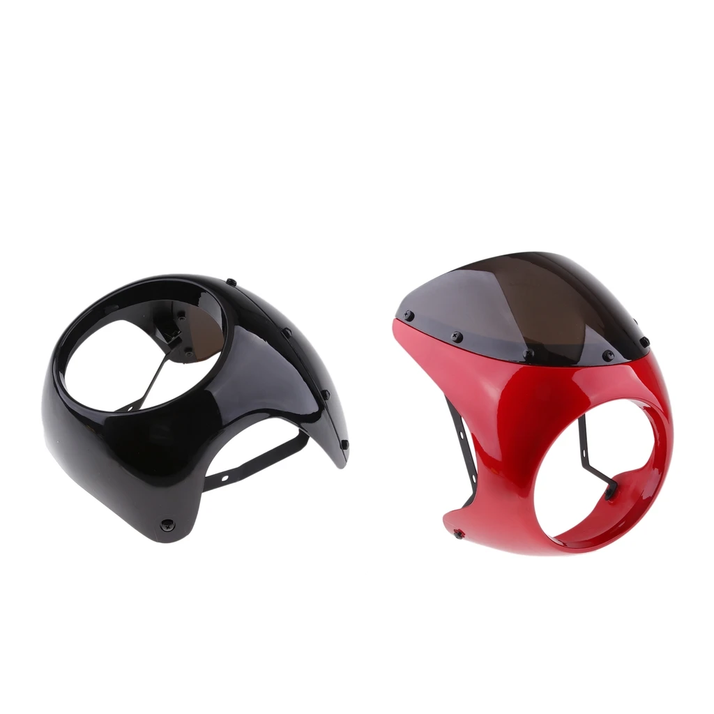 Motorcycle Front Headlight Fairing Screen Retro Cafe Racer Style Universal Smoke Windshield Fit 7 Inch Head Light (Black+Red)