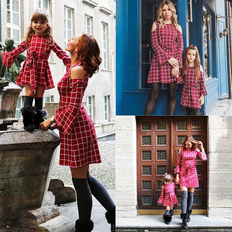 Autumn Family Dress Mother and Daughter Matching Red Plaid Dresses Family Matching Mom Kids Girls Ladies Outfits Clothes Dresses