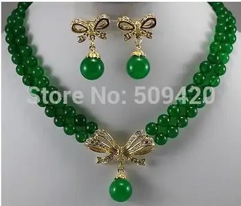

Hot sell ->2Strands new Yellow Gold 8mm Green jade new Round Necklace Earring set